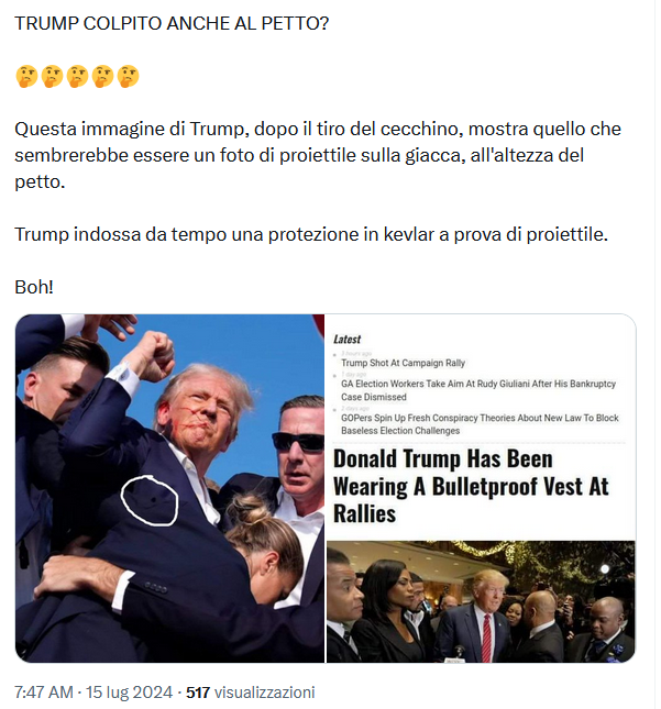 Questa foto non mostra Trump colpito al petto da una pallottola