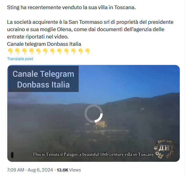 La villa in Toscana venduta da Sting a Zelensky è una fake news