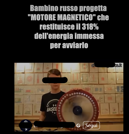 bambino russo che produce il 318% dell'energia immessa in un motore magnetico