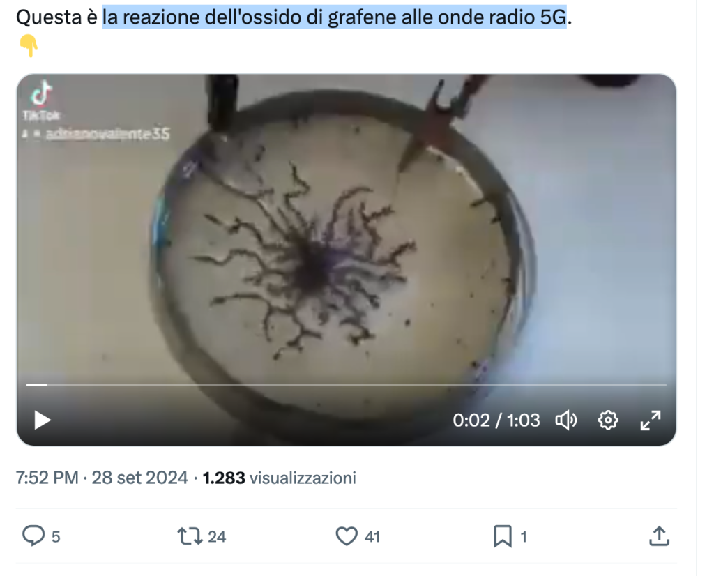 No, questo video non raffigura la reazione dell'ossido di grafene alle onde radio 5G