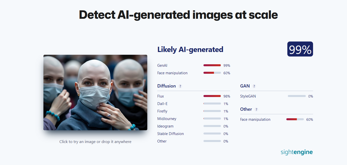 Il risultato dell'analisi sull'immagine di SightEngine