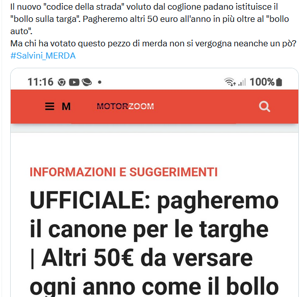 Il canone di 50 euro per le targhe "come il bollo" non è ufficiale: è una fake news