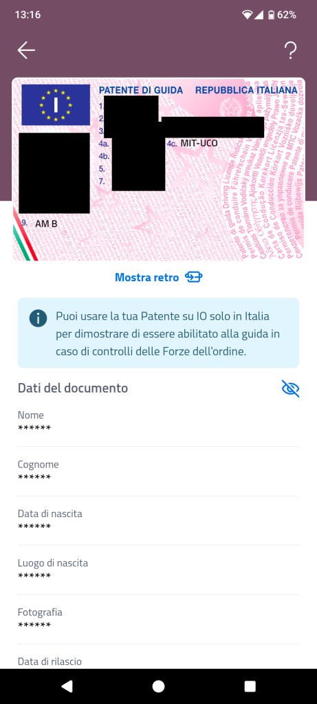 Screen della patente