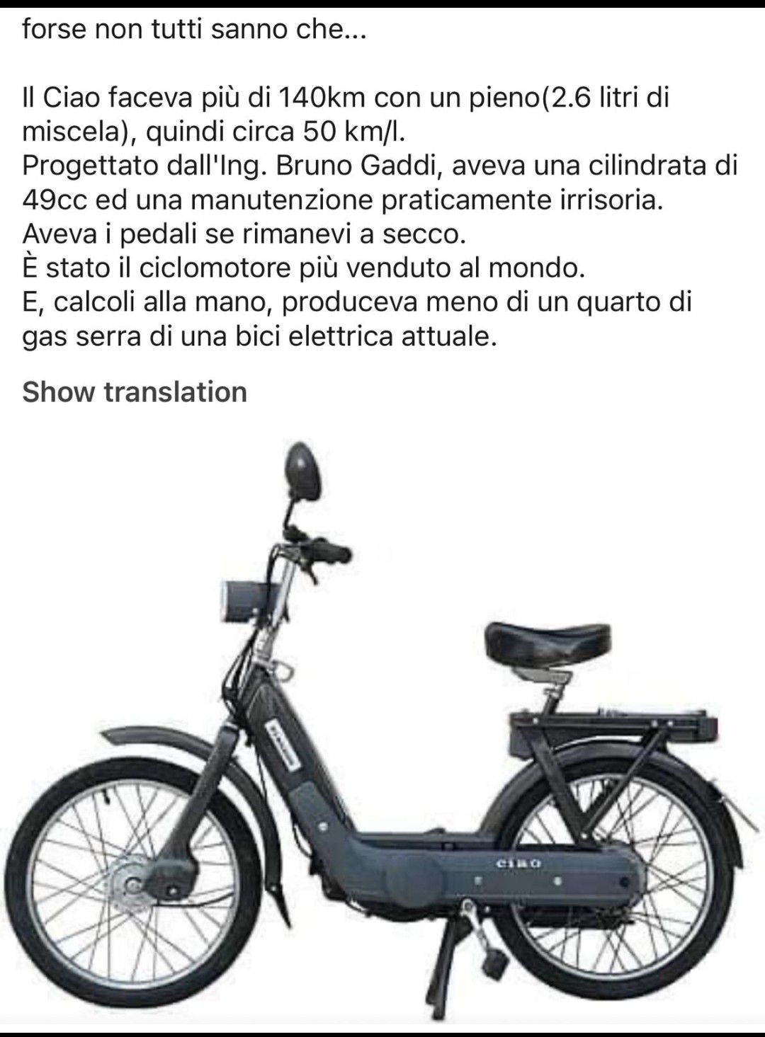 Il Ciao che inquina meno della bici elettrica e la disinformazione dei notutto